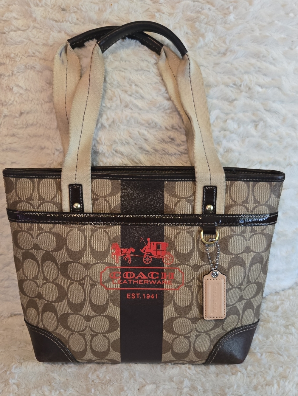 Coach Beige Signature Canvas Tote with Brown Trim EUC
